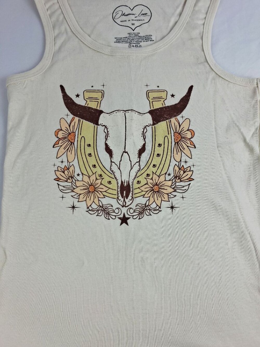 Obsessive Love Tank Top Floral & Skull Design Cream Cotton Jrs Size M - Picture 3 of 7